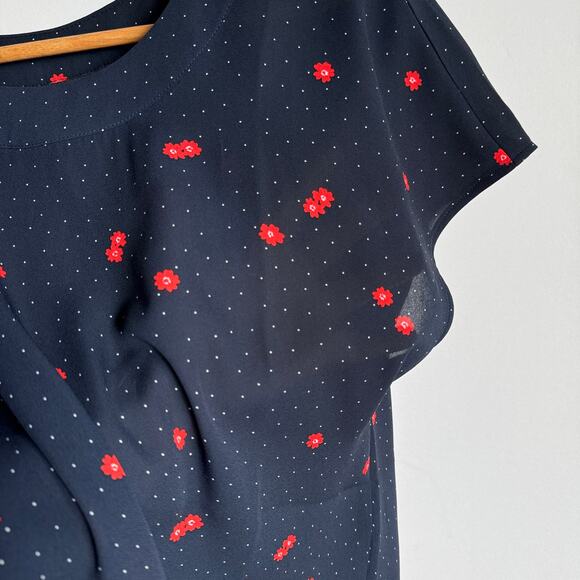 Banana Republic Dainty Floral Top Blouse Small Petite Navy Blue Dot Career Work - Picture 8 of 12